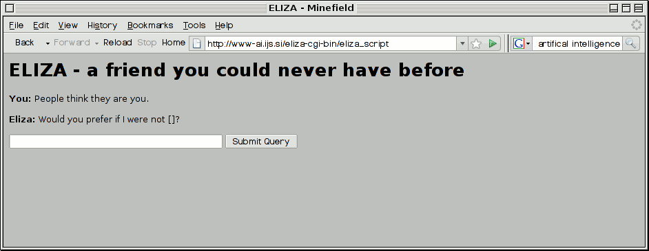 A screenshot of ELIZA, the pioneering chatbot that mimicked a psychotherapist through keyword pattern-matching.
