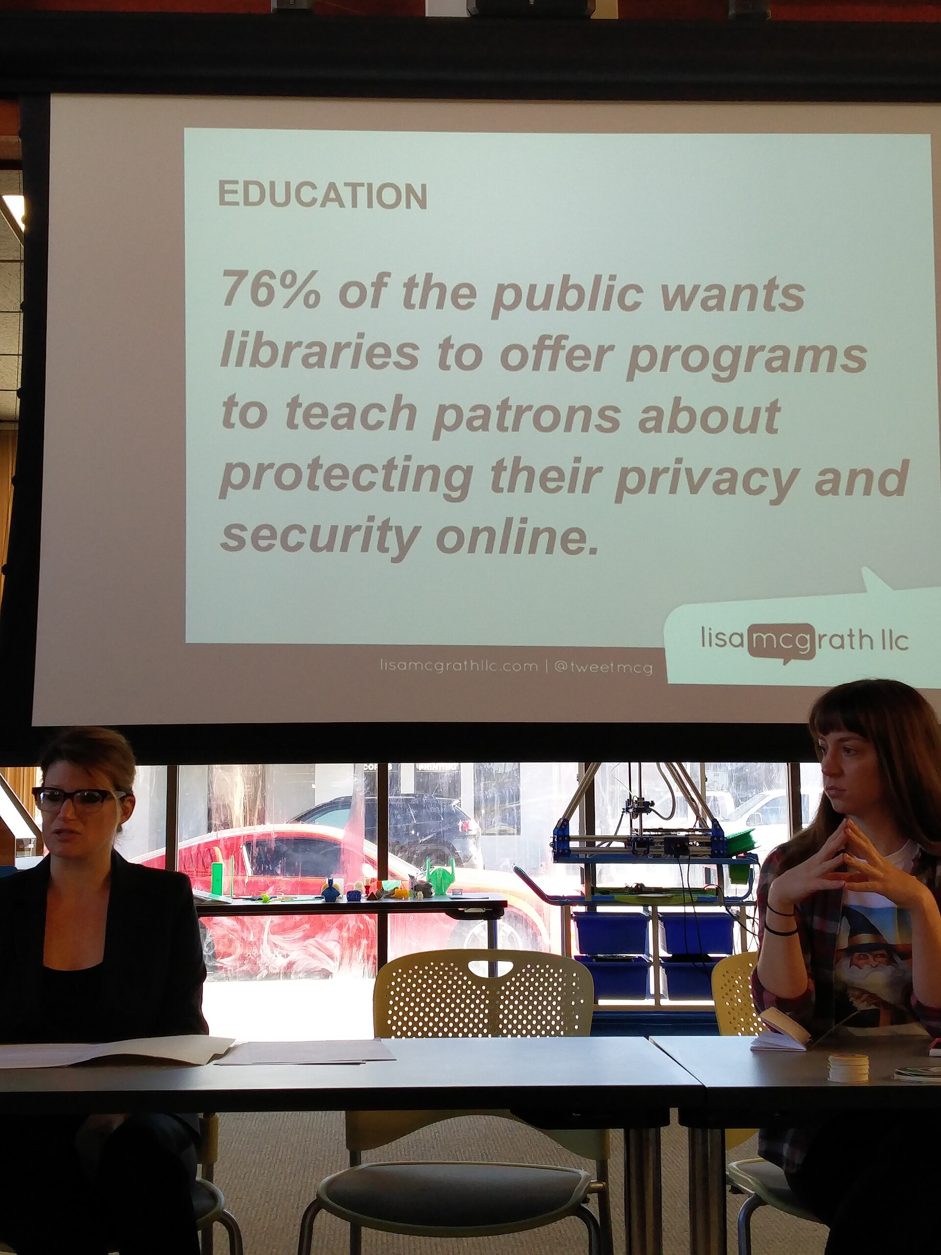 An ACLU attorney and the Library Freedom Project director conduct a privacy workshop in Meridian, Idaho in January 2016, illustrating the ACLU's ongoing work on privacy issues including surveillance and facial recognition systems.