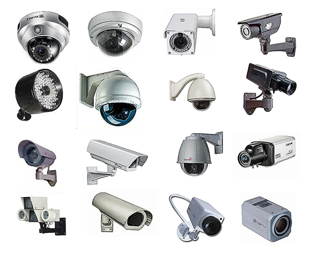 Different types of CCTV cameras, illustrating surveillance technology used in facial recognition and identification systems like Amazon Rekognition.