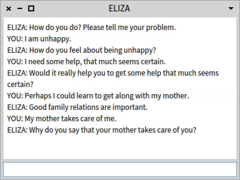 A screenshot of an ELIZA chatbot conversation demonstrating the user-machine dialogue that Weizenbaum documented.