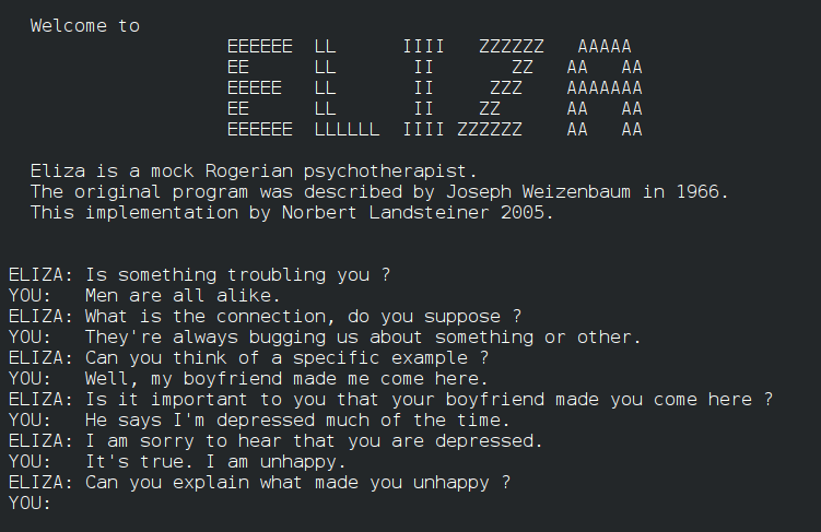 A 2005 web-based ELIZA reimplementation by Norbert Landsteiner, reproducing the chatbot's original keyword-matching exchanges in a terminal-style interface (not a screenshot of the 1966 original, which predates personal computing).