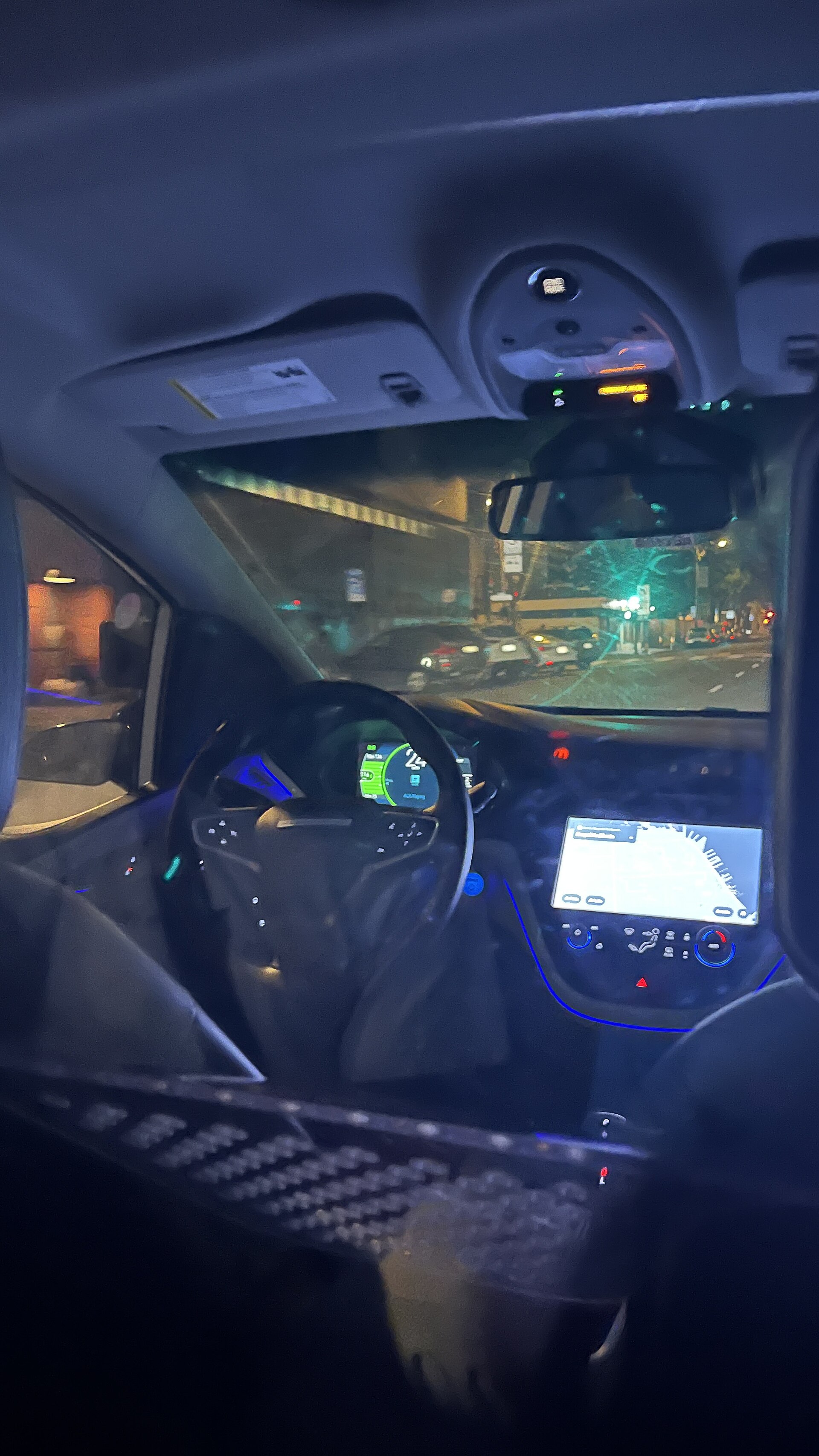 The interior of a Cruise Automation autonomous vehicle, showing the cabin of the type of robotaxi that caused the pedestrian dragging incident.
