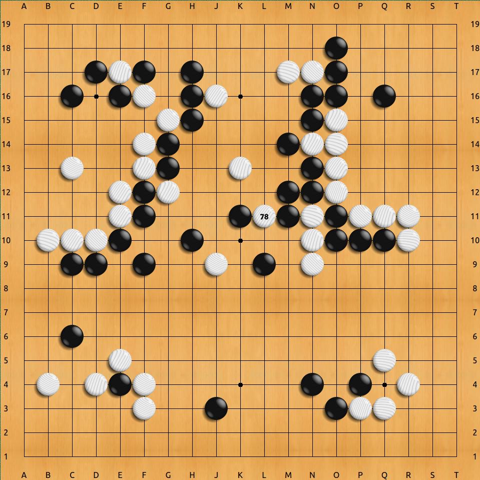 A screenshot of the game record showing move W78 from AlphaGo versus Lee Sedol, captured from the match's SGF notation.