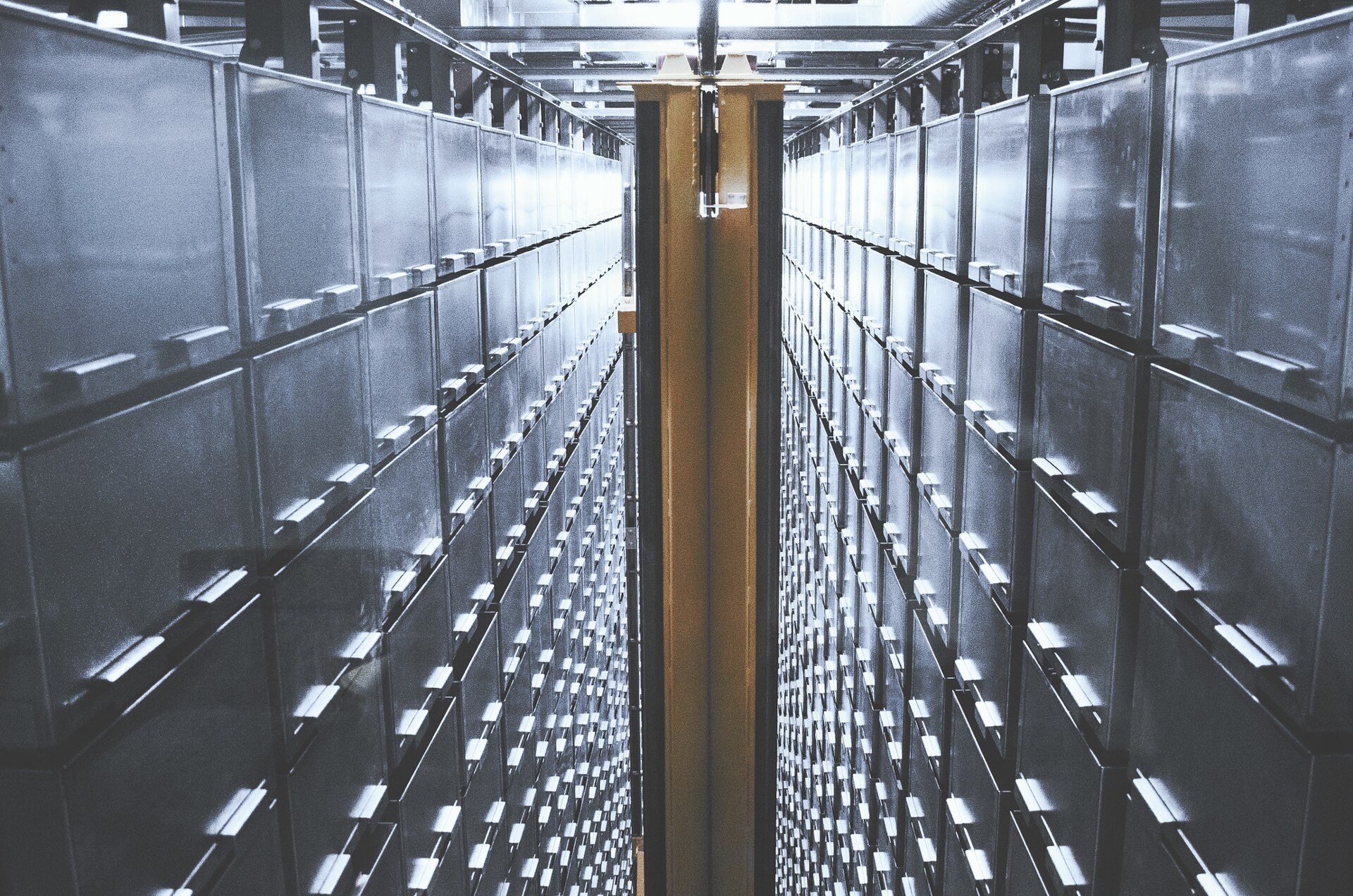A 2016 automated storage and retrieval system in a California library, the same broad class of machine as the parts-retrieval system at Ford's Flat Rock plant.