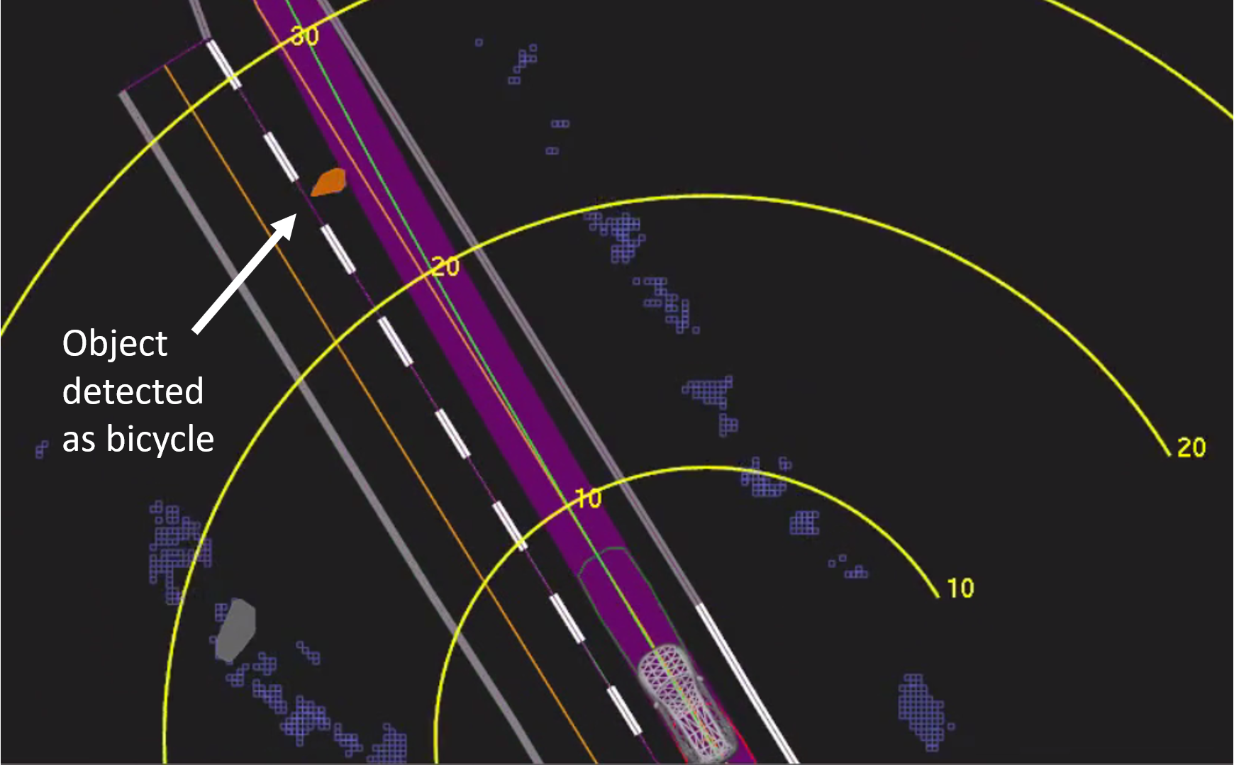 NTSB system data playback from the Tempe crash showing the vehicle's detected path and the moment 1.