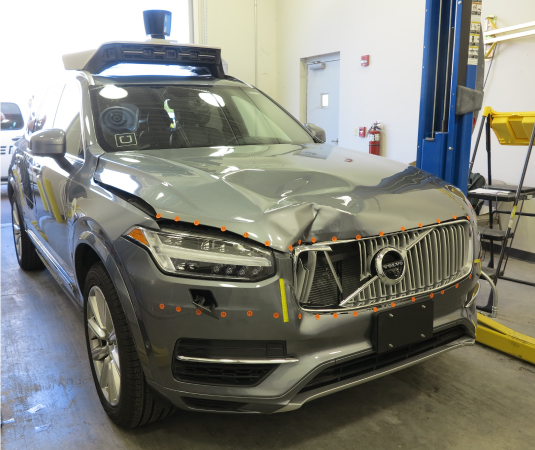 The Uber test vehicle showing damage to the right front side following the fatal collision in Tempe on 18 March 2018.