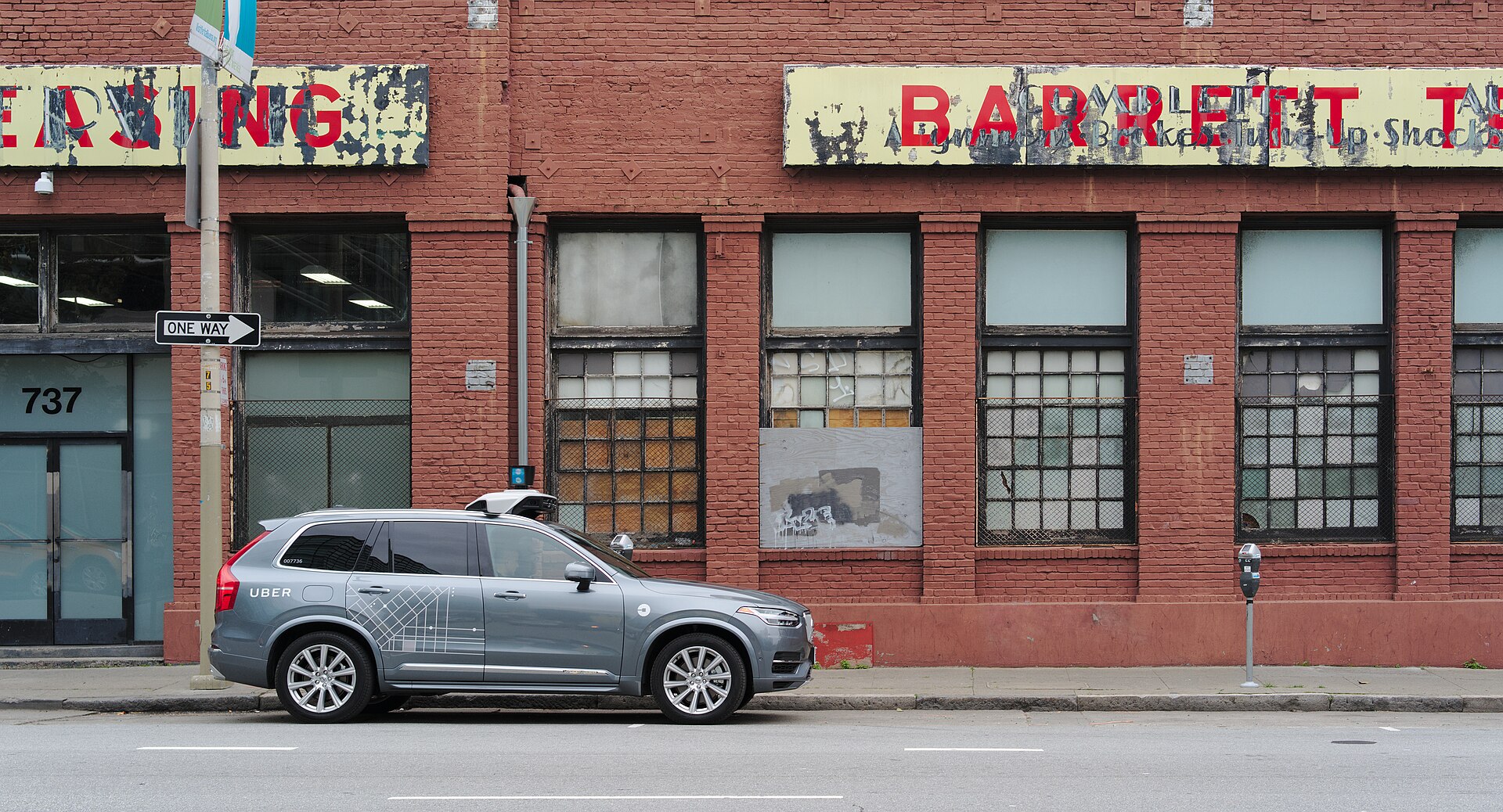 An Uber self-driving Volvo XC90 at an Uber facility in San Francisco, April 2017, the same vehicle model and platform used in the company's autonomous test operations.